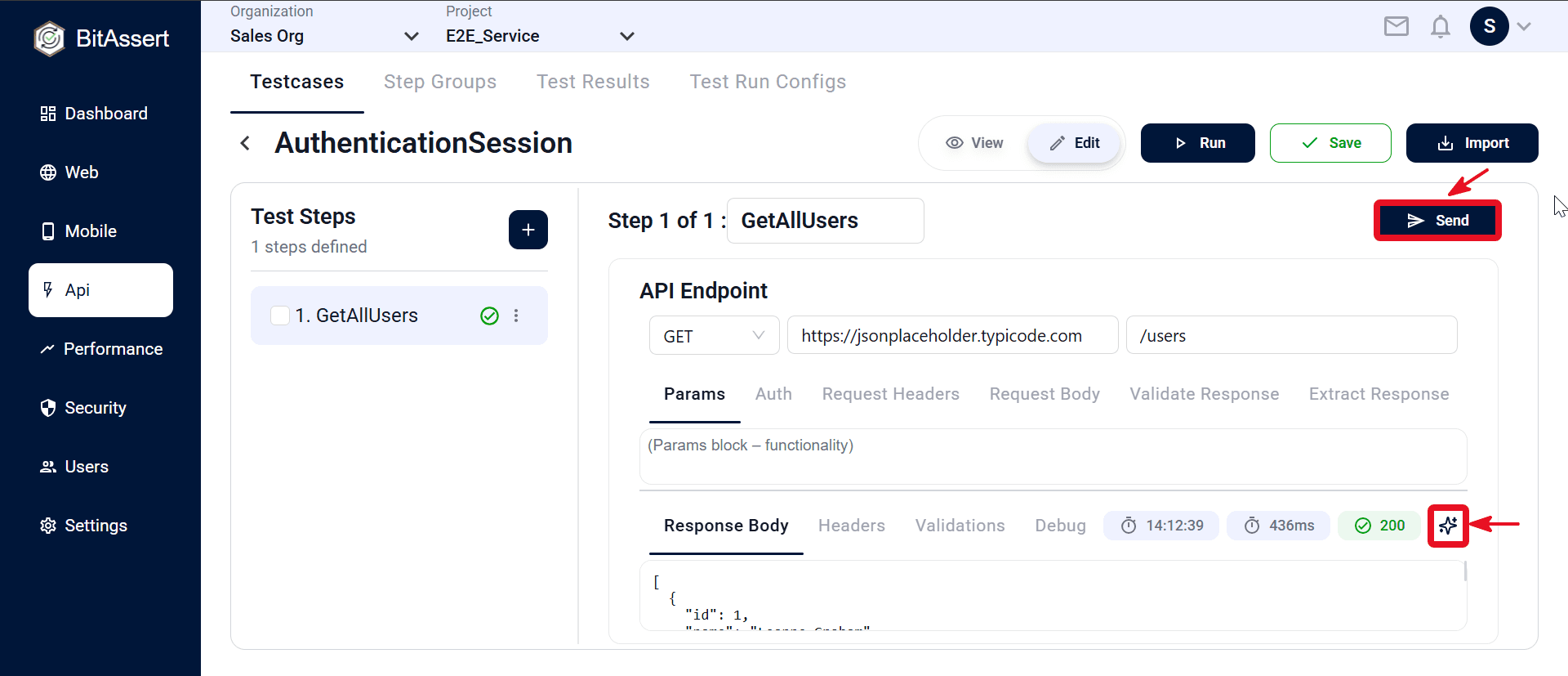 API step response panel with AI Assistant icon after Send