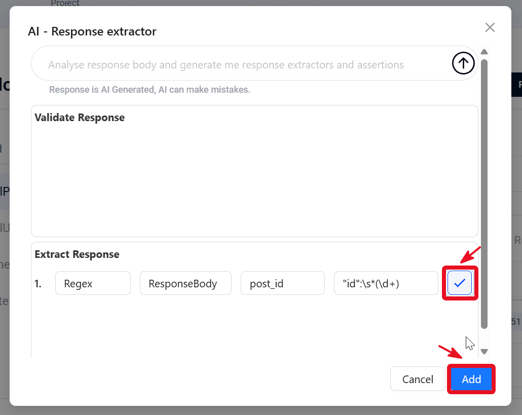 AI modal showing suggested Validate Response and Extract Response rules