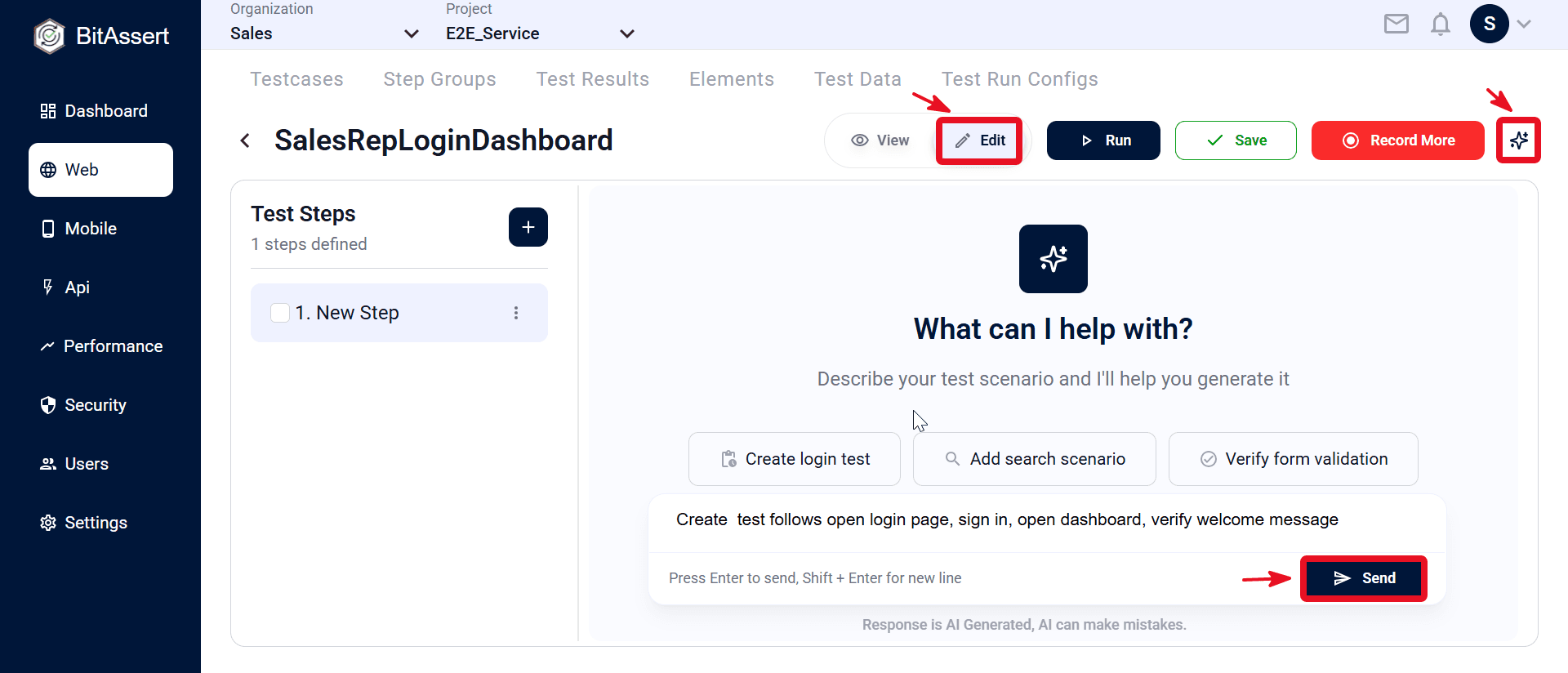 SalesRepLoginDashboard in Edit mode with AI Assistance prompt and Send button