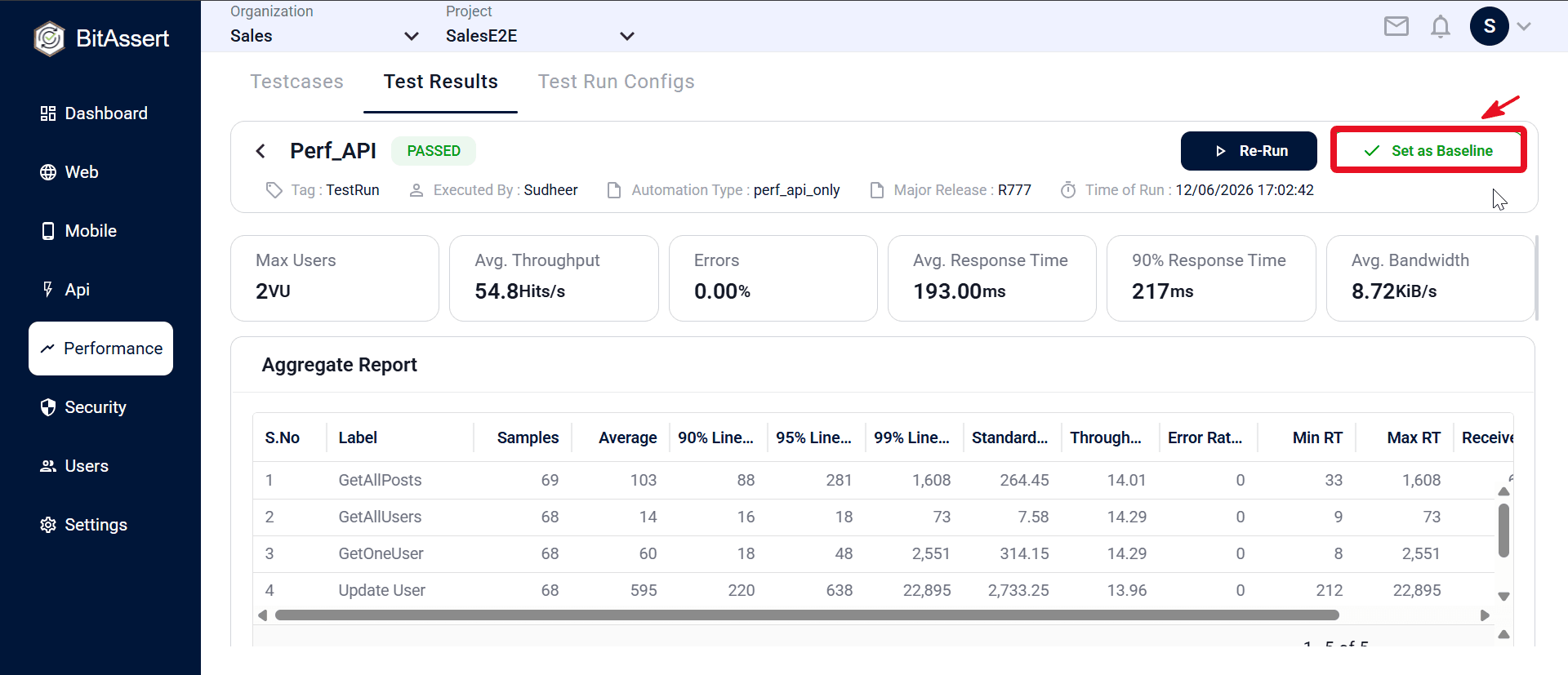 Performance result detail with Set as Baseline button
