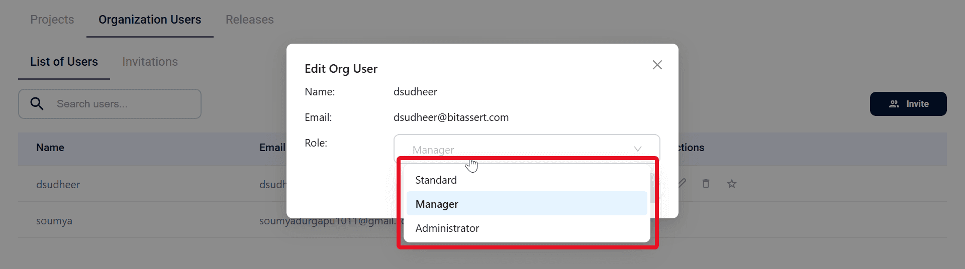 List of Users row actions with Edit option