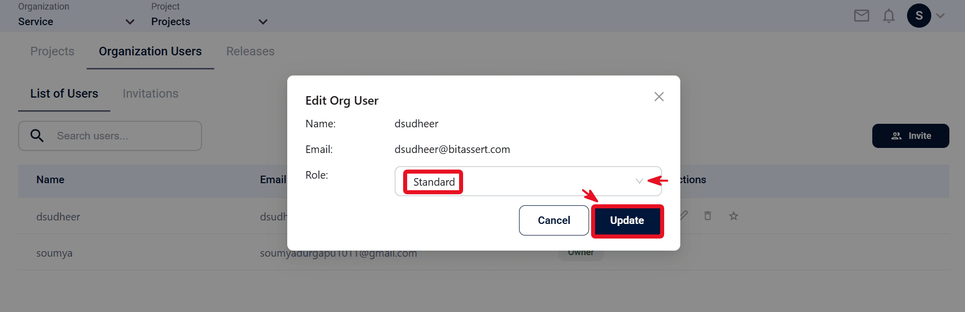 Edit Org User dialog for updating role