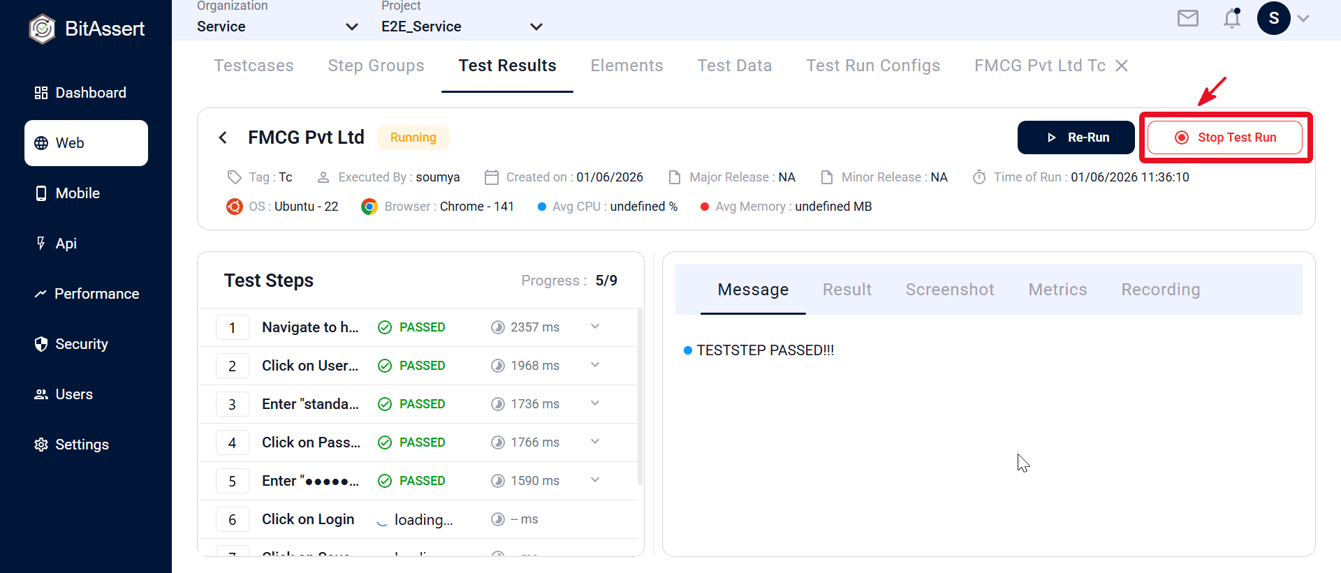 Running test result with Stop Test Run action