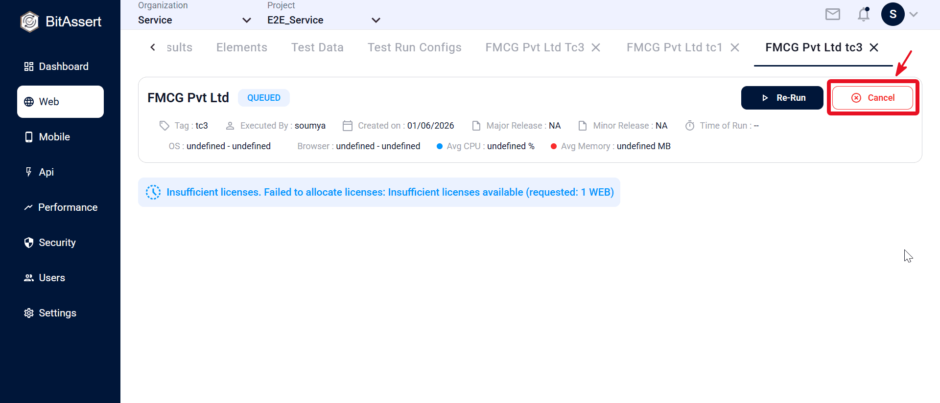 Queued test result with Cancel action