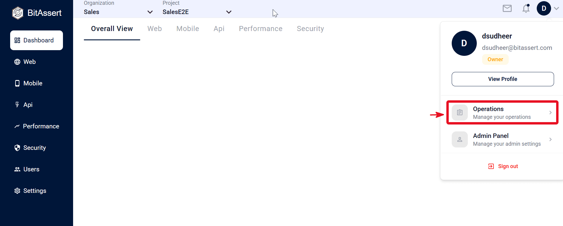 Operations menu used to open organization user settings