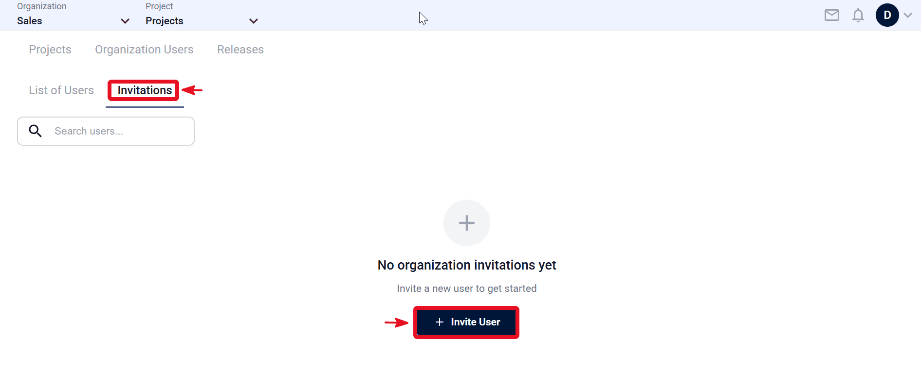 Organization Users Invitations page with Invite User action