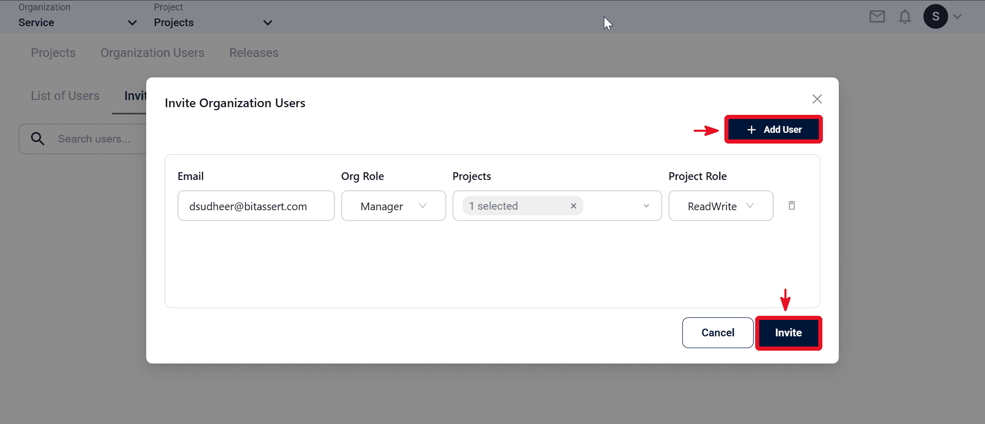Invite User form with email, org role, project, and permissions