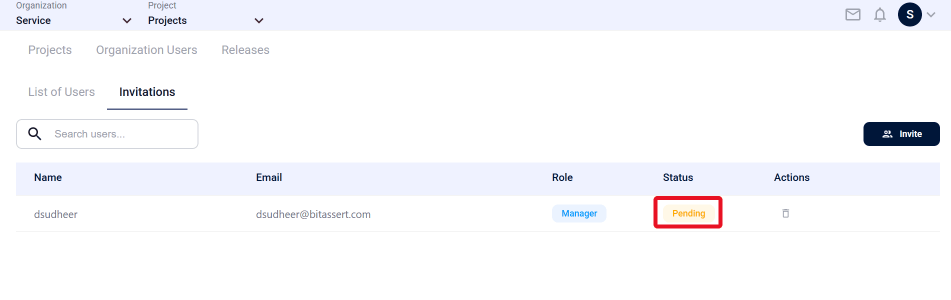 Invitations table showing pending invite status