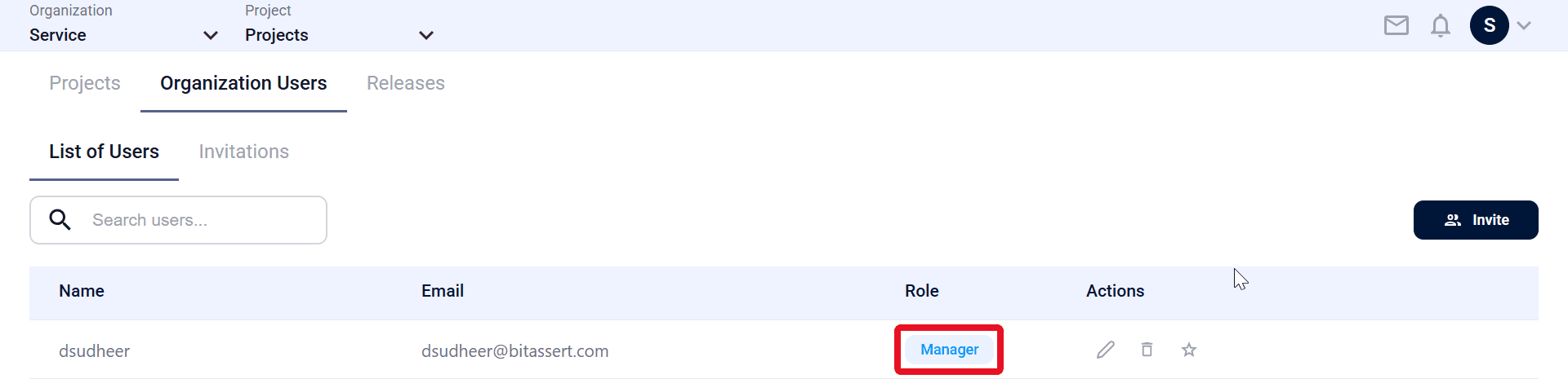 Organization Users list showing accepted invited user