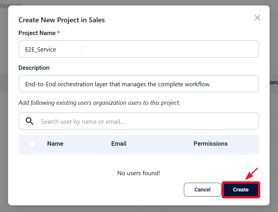 Create New Project modal with Project Name, Description, and Create button