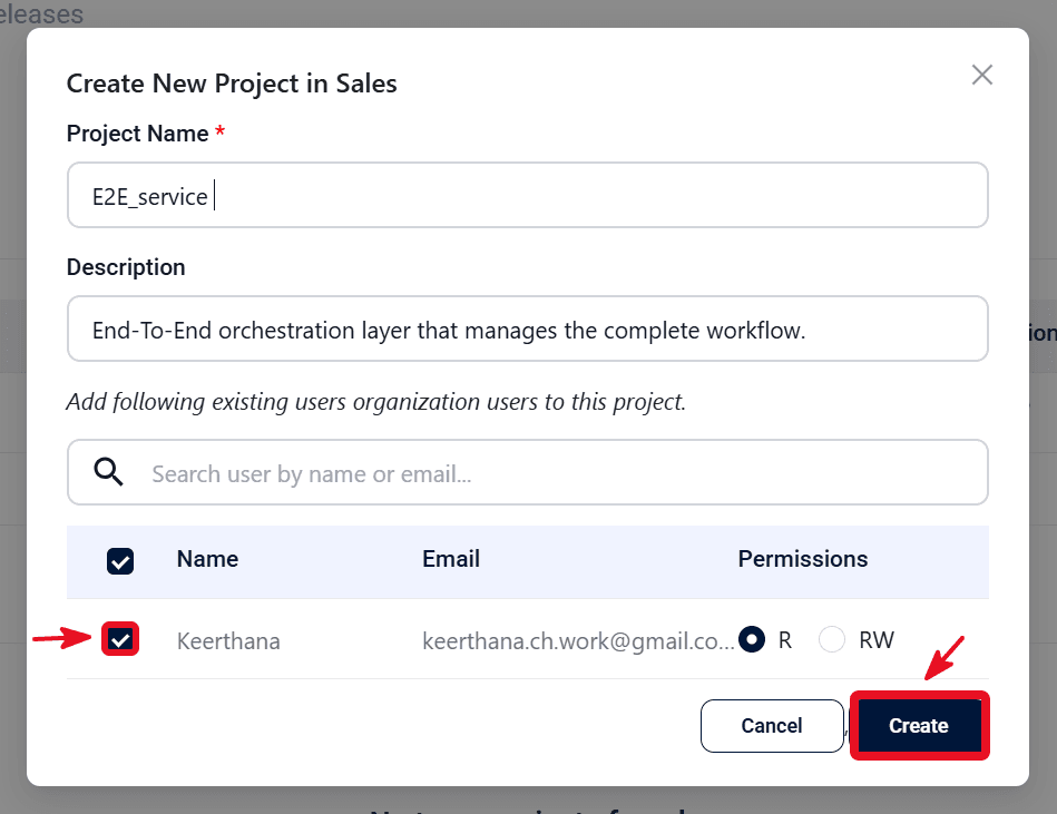 Create New Project dialog with name, description, and organization users(Modal window)