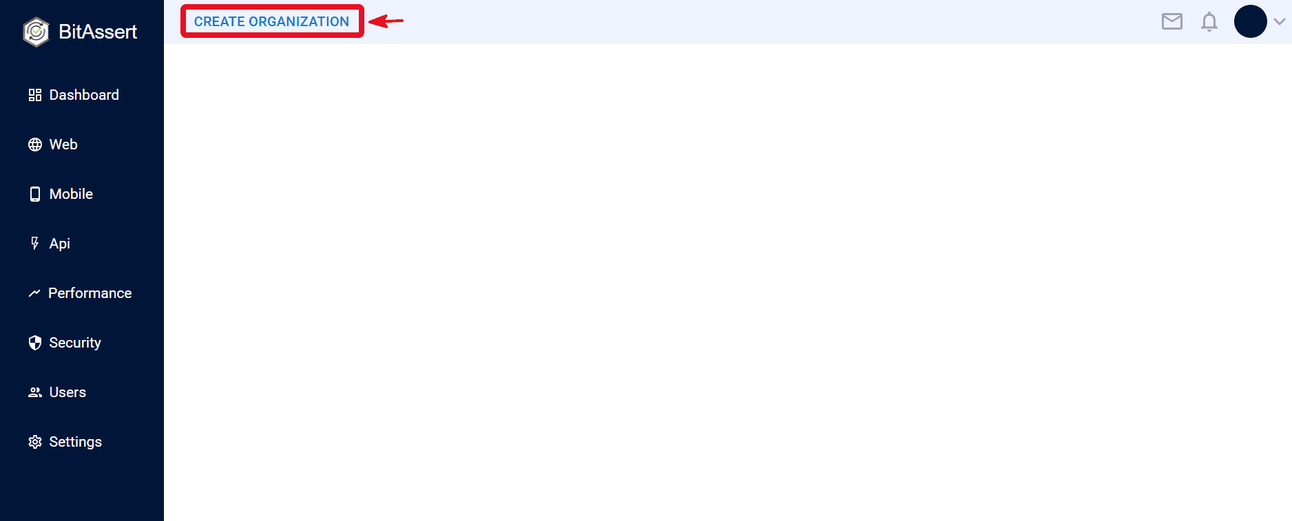 Create Organization action in the Bitassert workspace