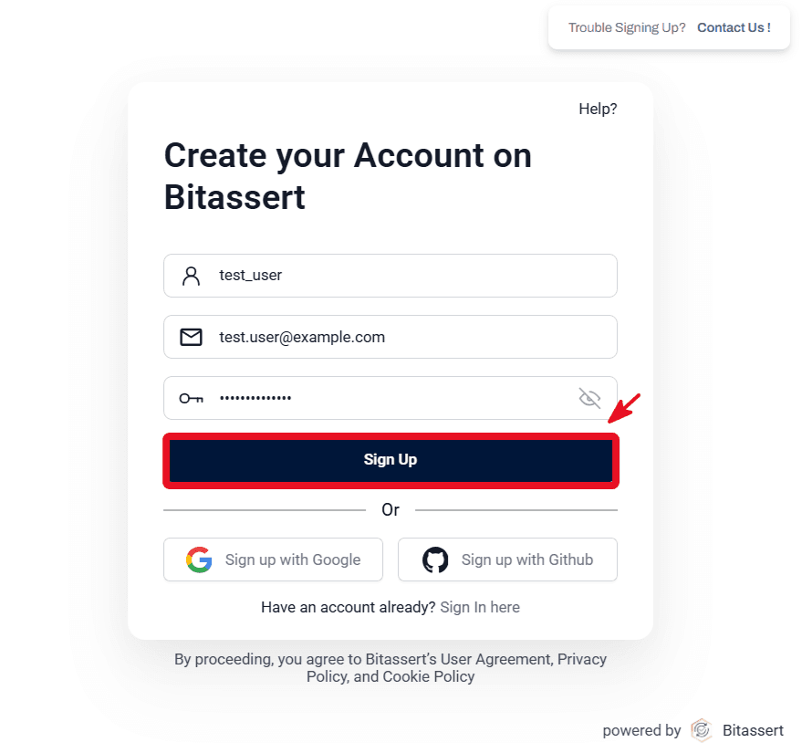 Bitassert sign-up form with username, email, and password fields