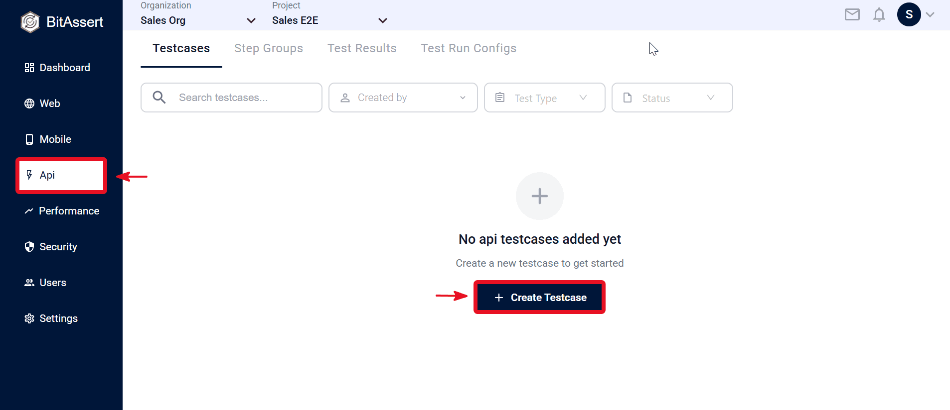 API Testcases tab with Create Testcase button