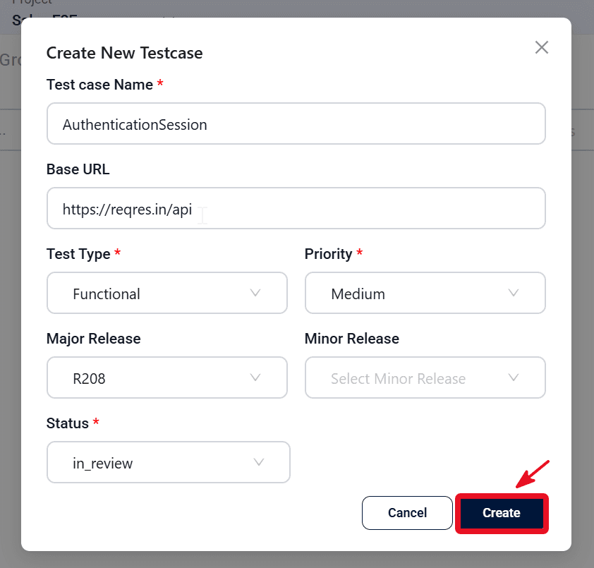 Create API testcase modal with details fields
