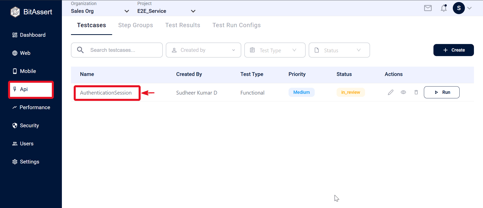 New API testcase listed in Testcases table; click name to open details