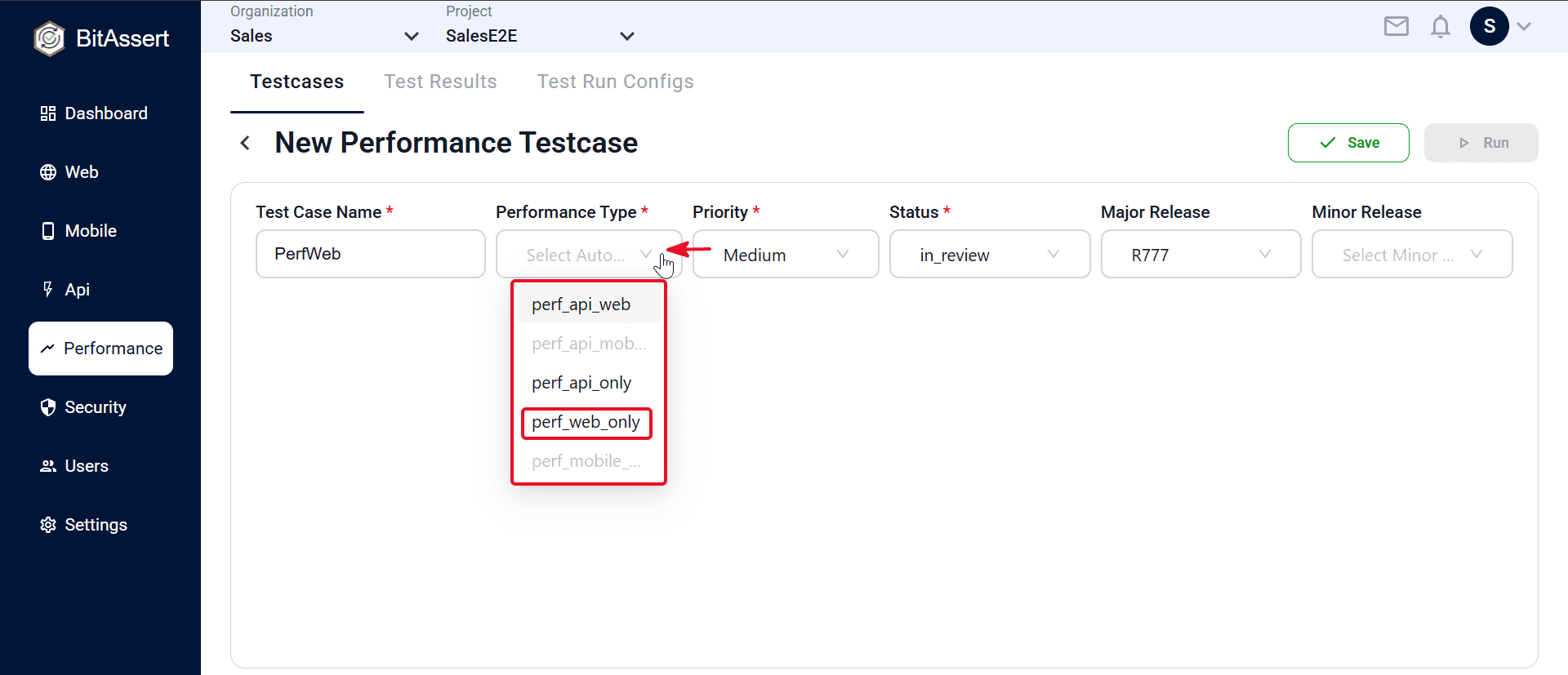 New performance testcase form with perf_web_only selected