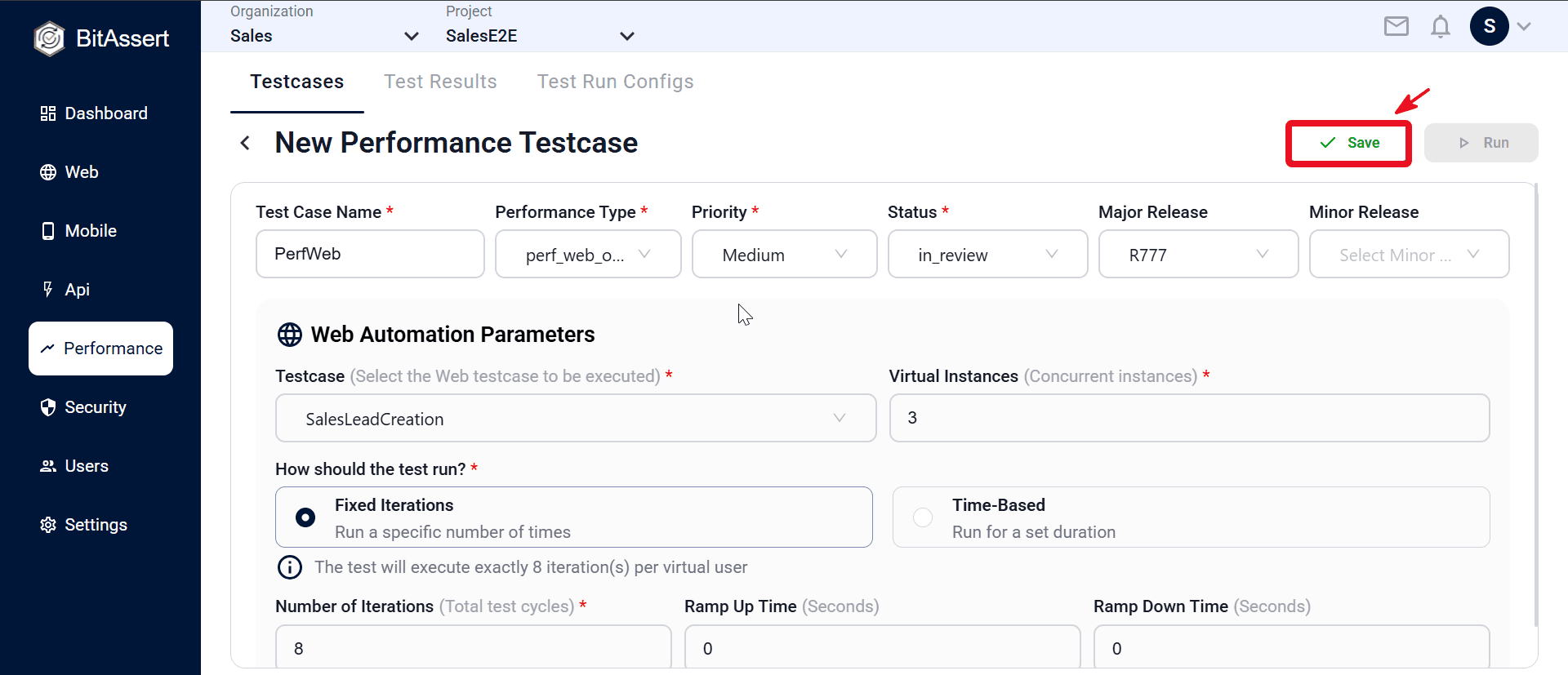 perf_web_only performance testcase with Web testcase selected and load settings; click Save