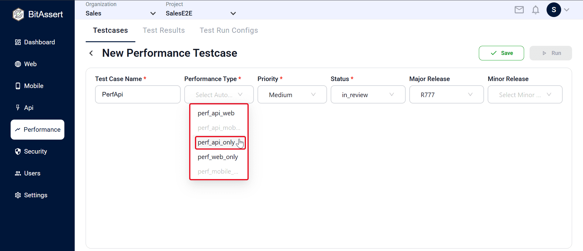 New performance testcase with API Load Test type selected