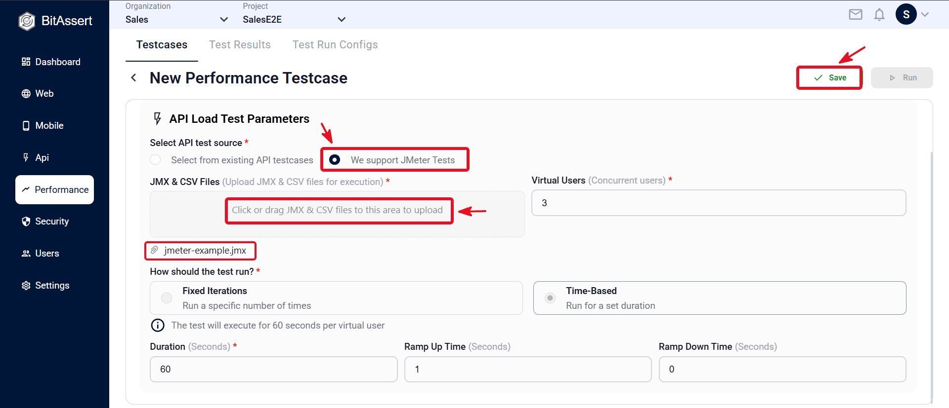 JMX selected with jmeter-example.jmx uploaded and load settings; click Save