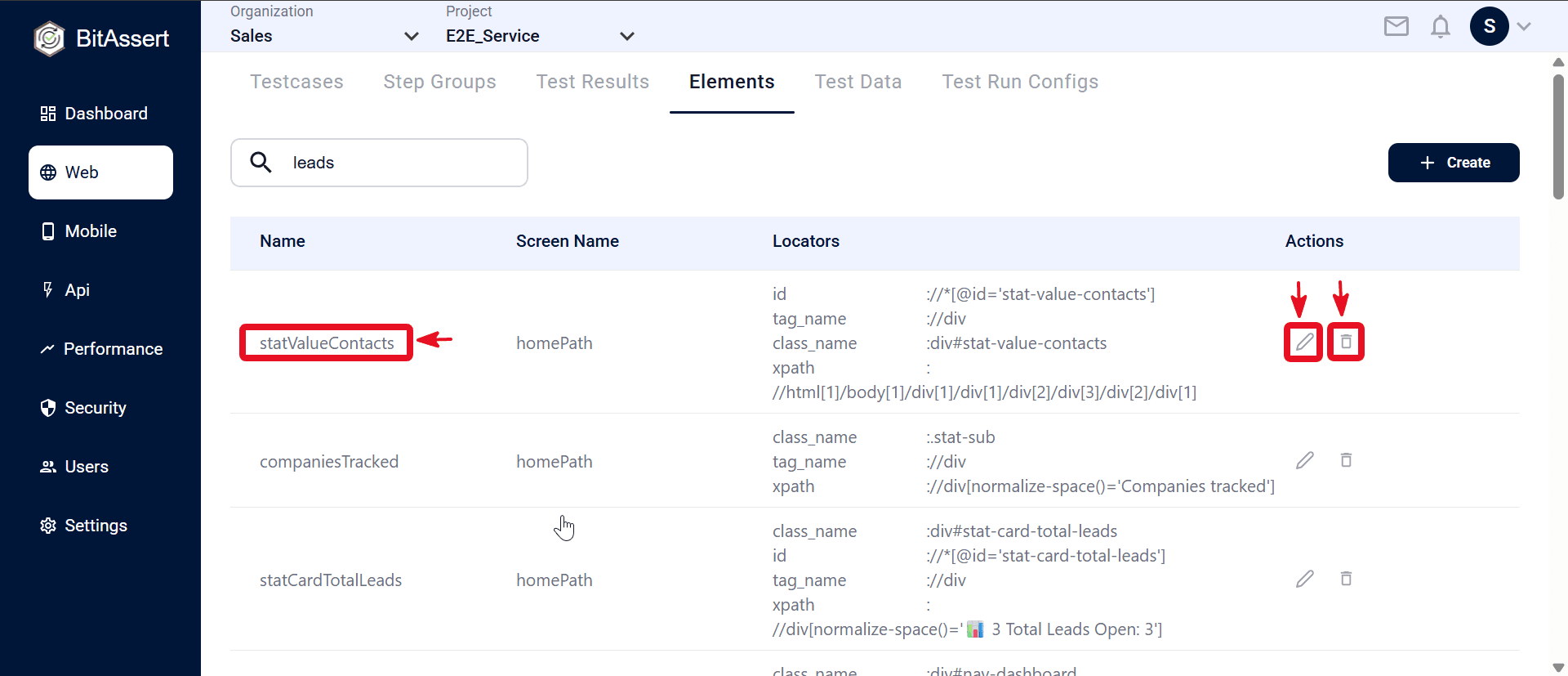 Web Elements tab with search, element list, and Actions column