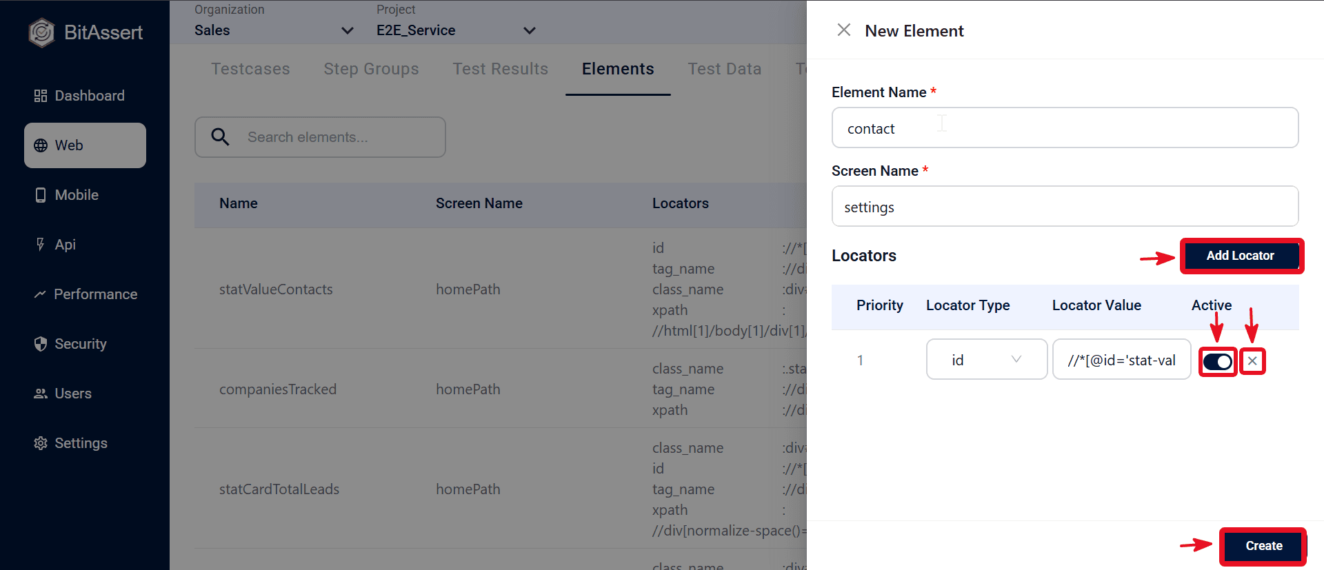 New Element panel with Element Name, Screen Name, locators, and Create button