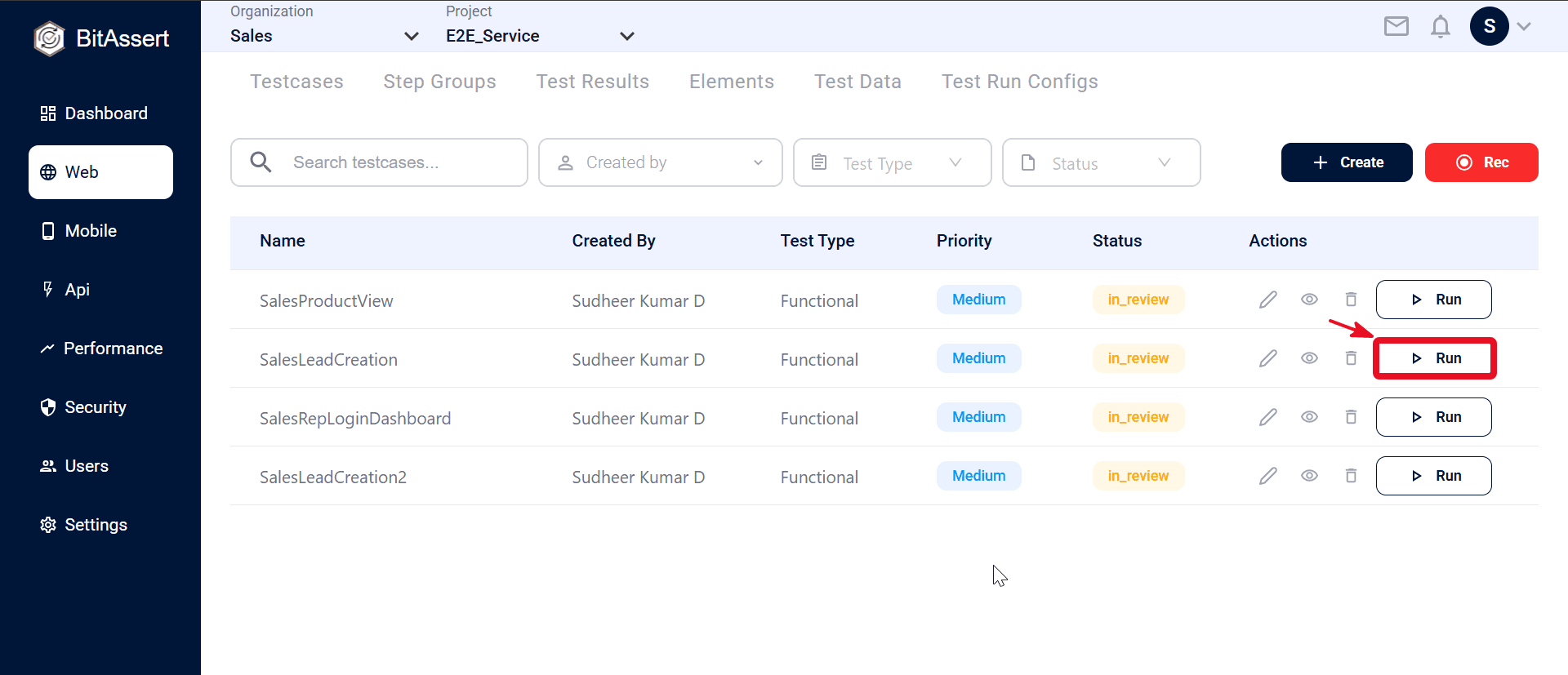 Execute Tests from the testcase list with Run button