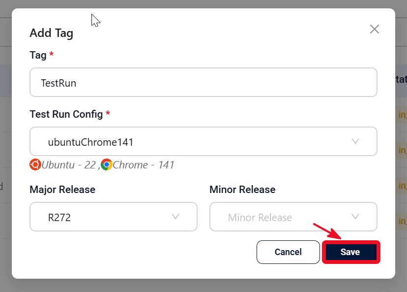 Web cloud run dialog with tag and Test Run Config