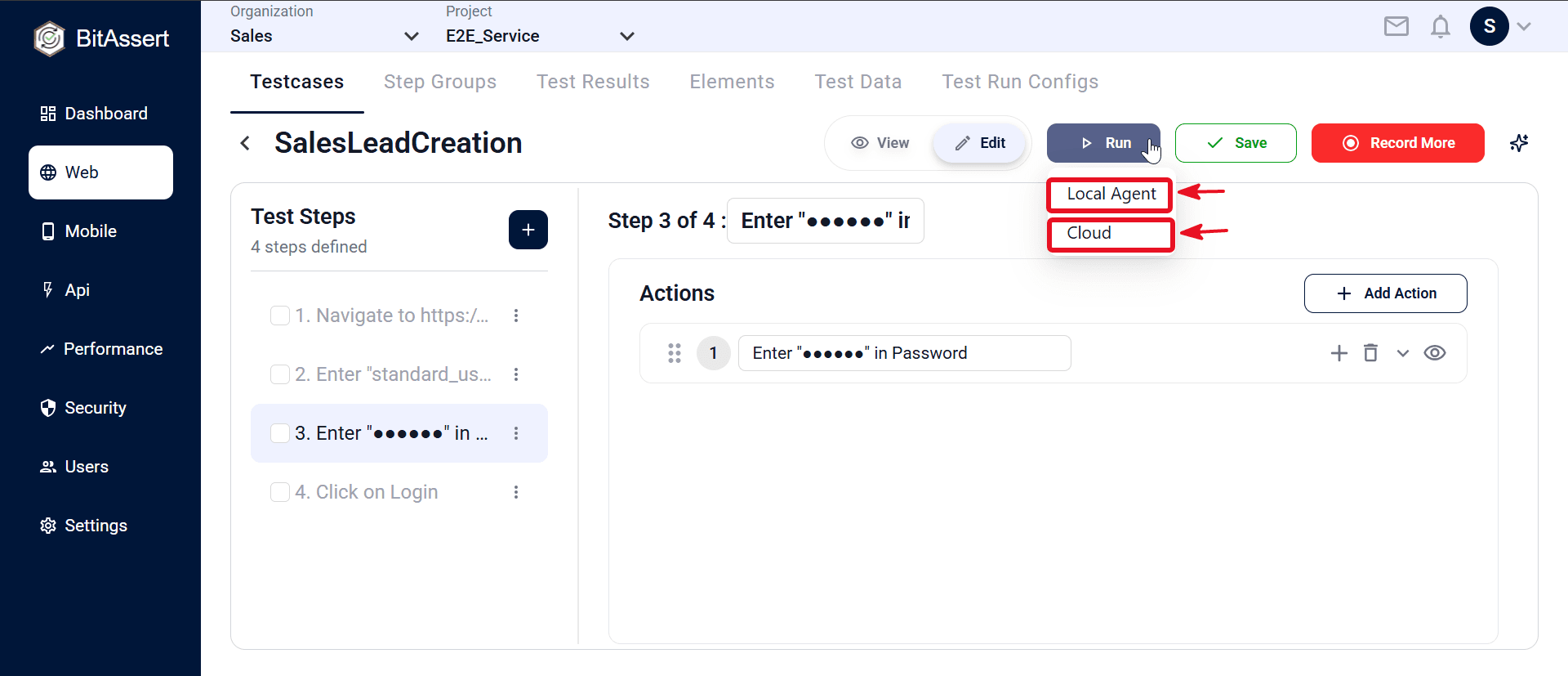 Web testcase details Run menu with Local Agent option