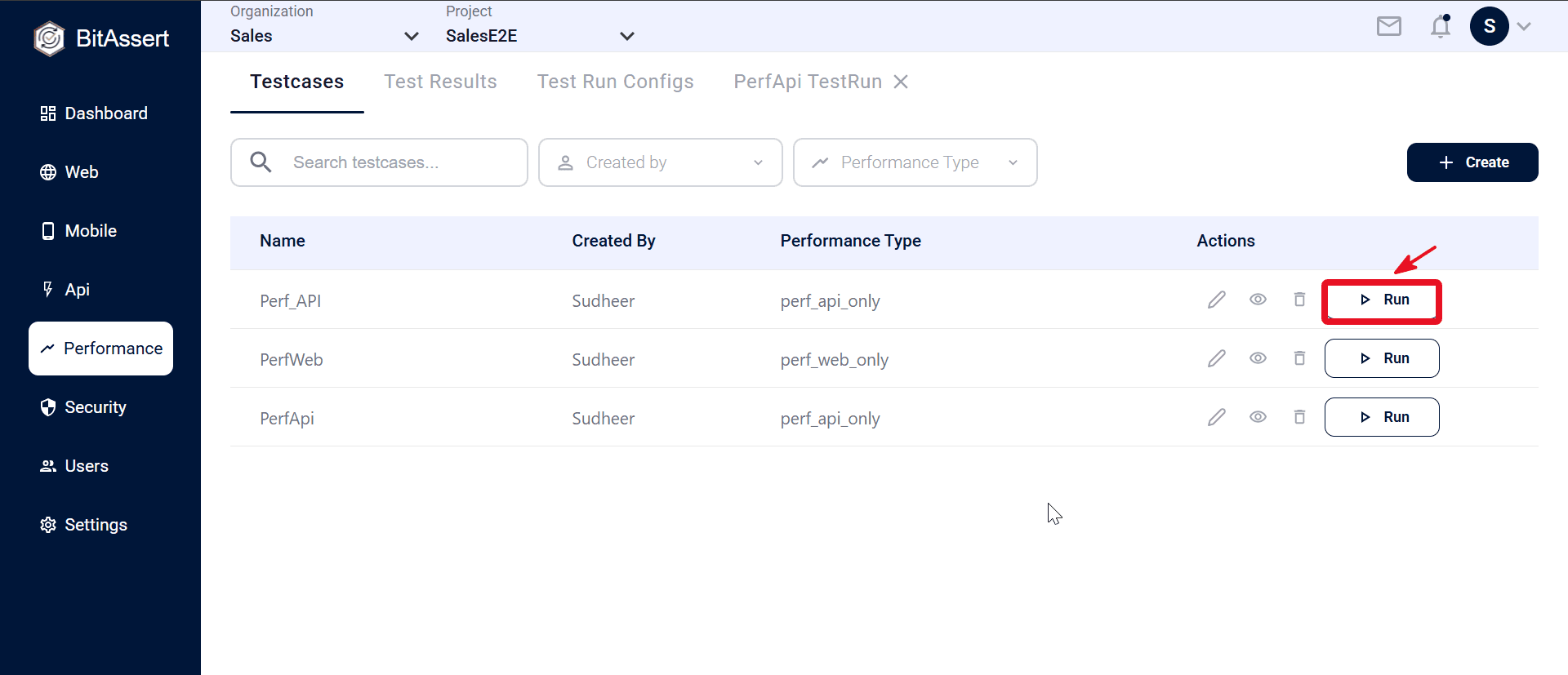 Performance Testcases list with Run on a row
