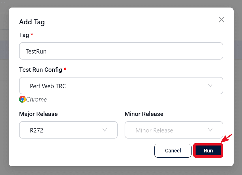 Performance run dialog with tag and Test Run Config
