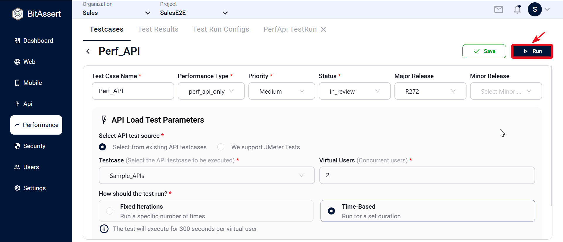 Performance testcase details with Run button