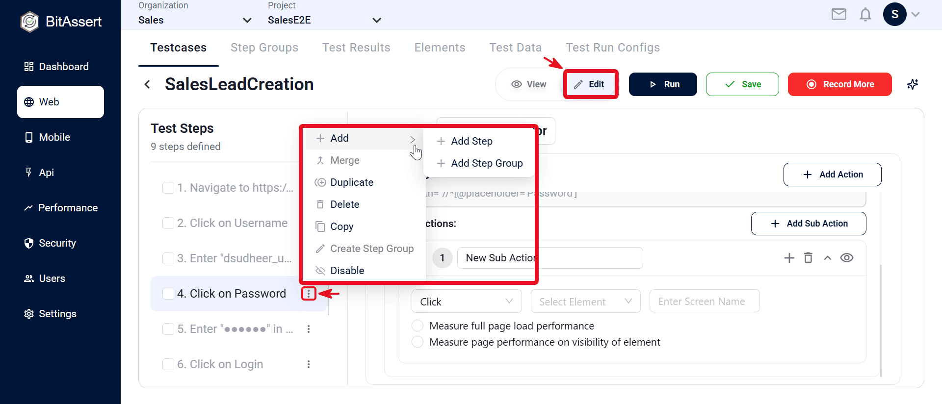 SalesLeadCreation testcase editor with Edit mode and step menu open on Test Steps panel