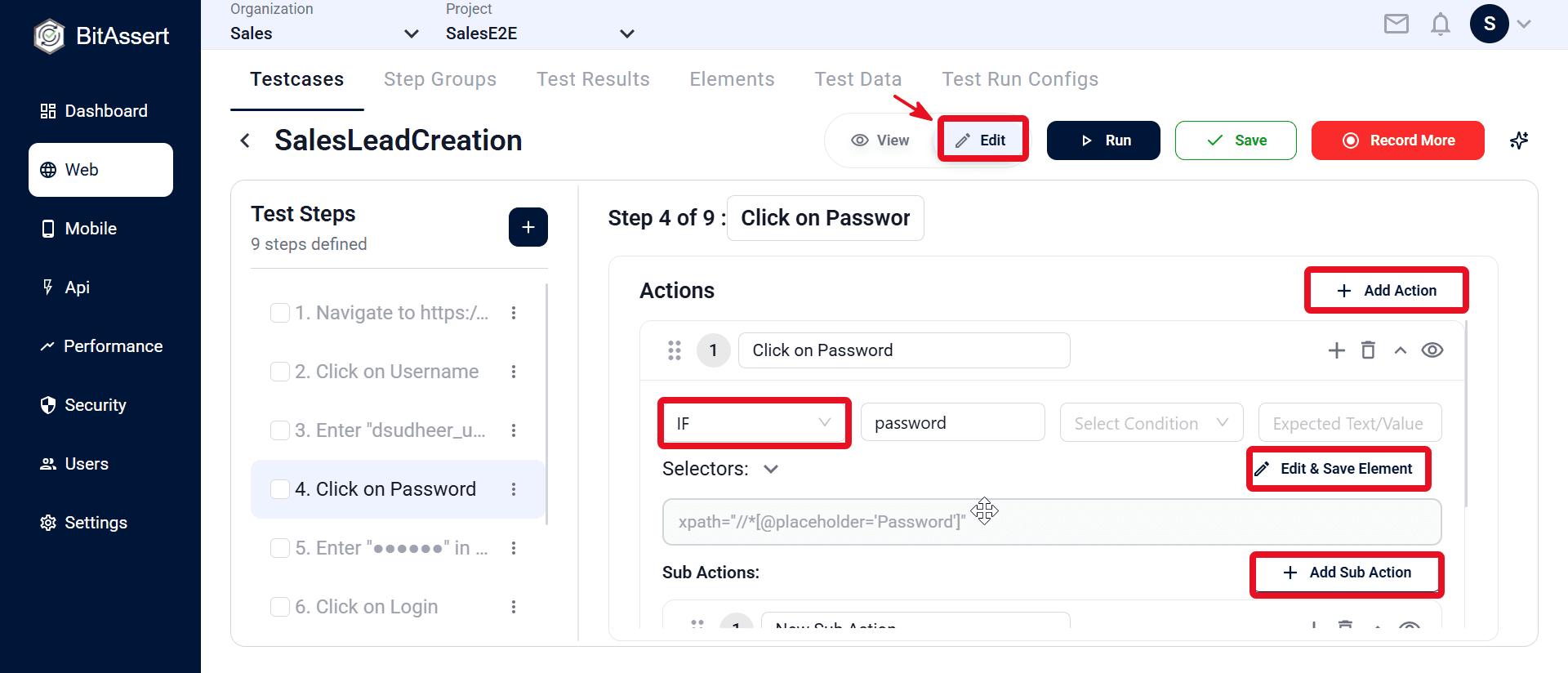 Step details panel showing Add Action, Enter action fields, Selectors, and Add Sub Action