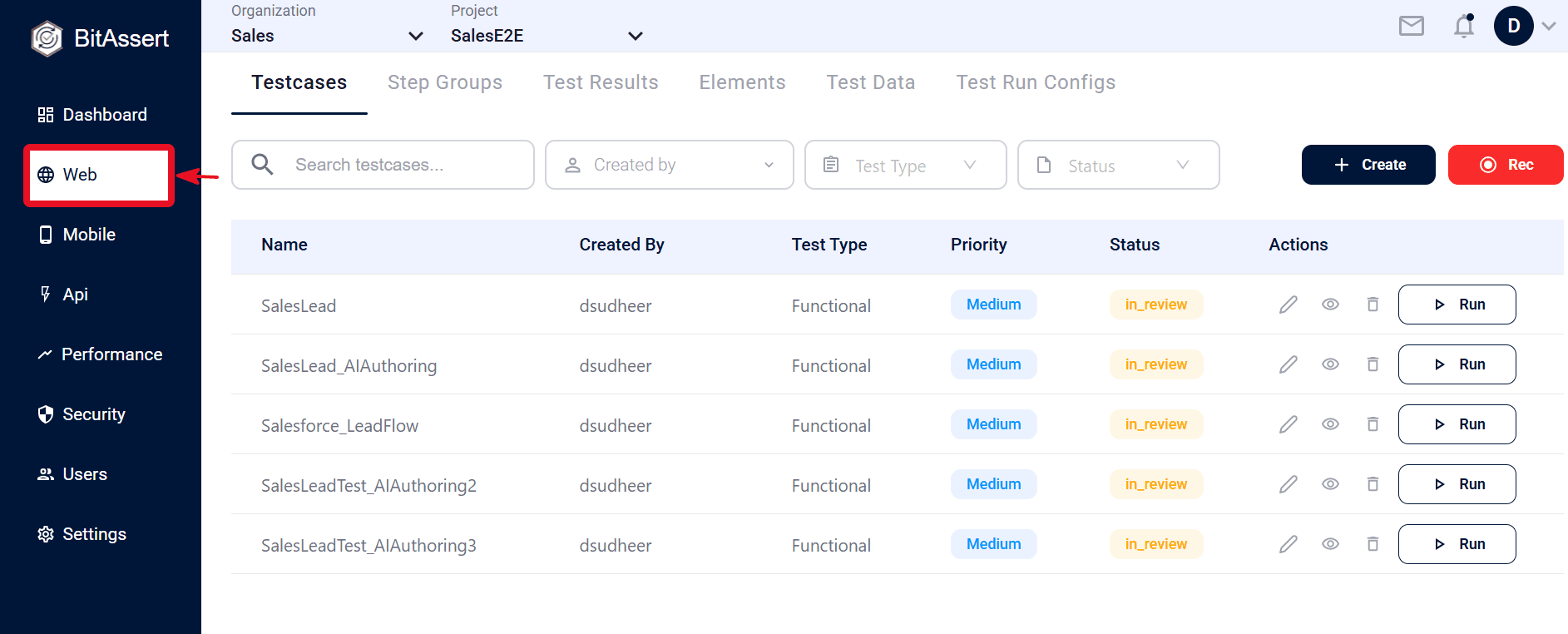 Module navigation for starting a first test run