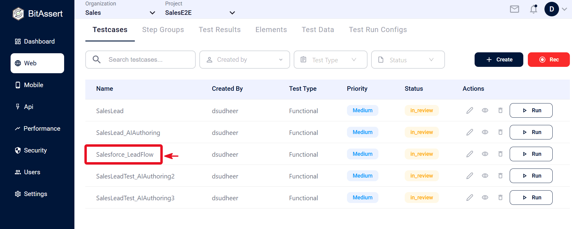 Testcase selection before starting the run