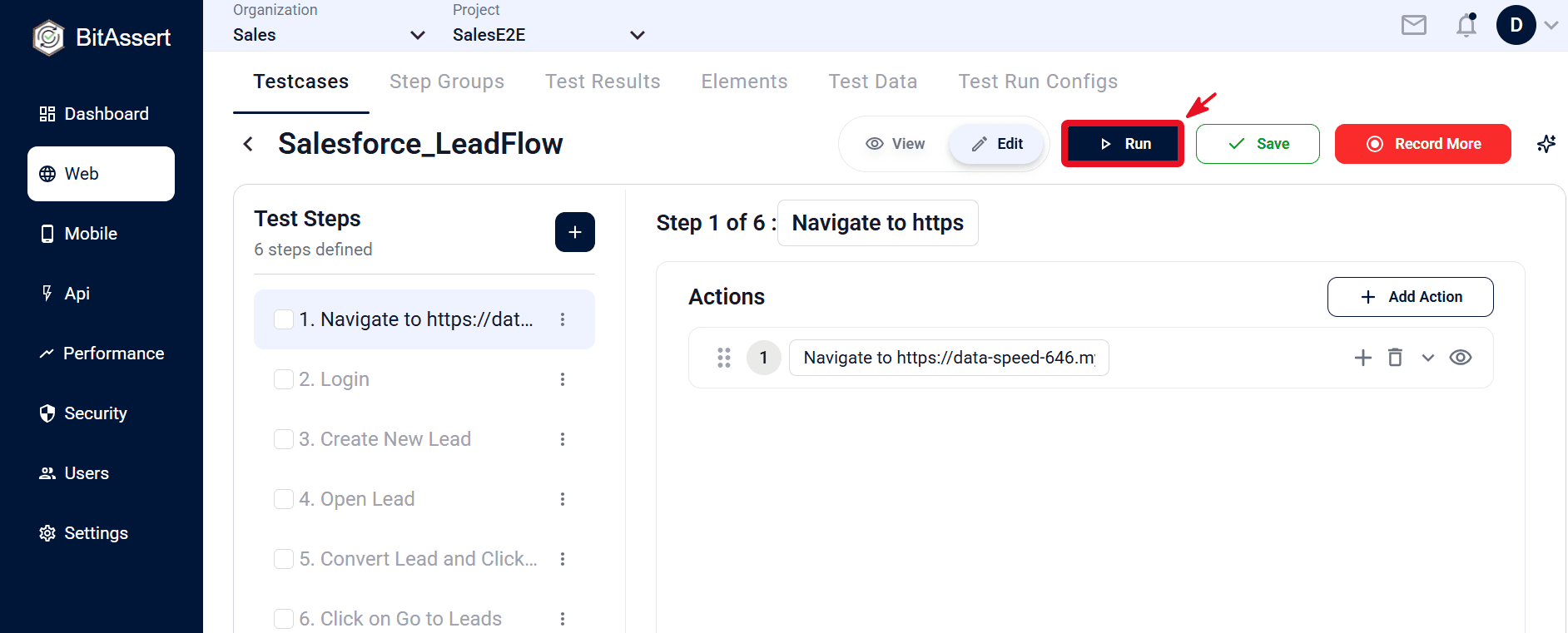Run configuration and Run action for testcase execution