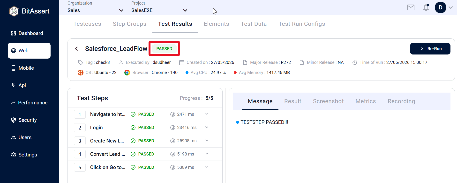 Run details view with status and step-level results