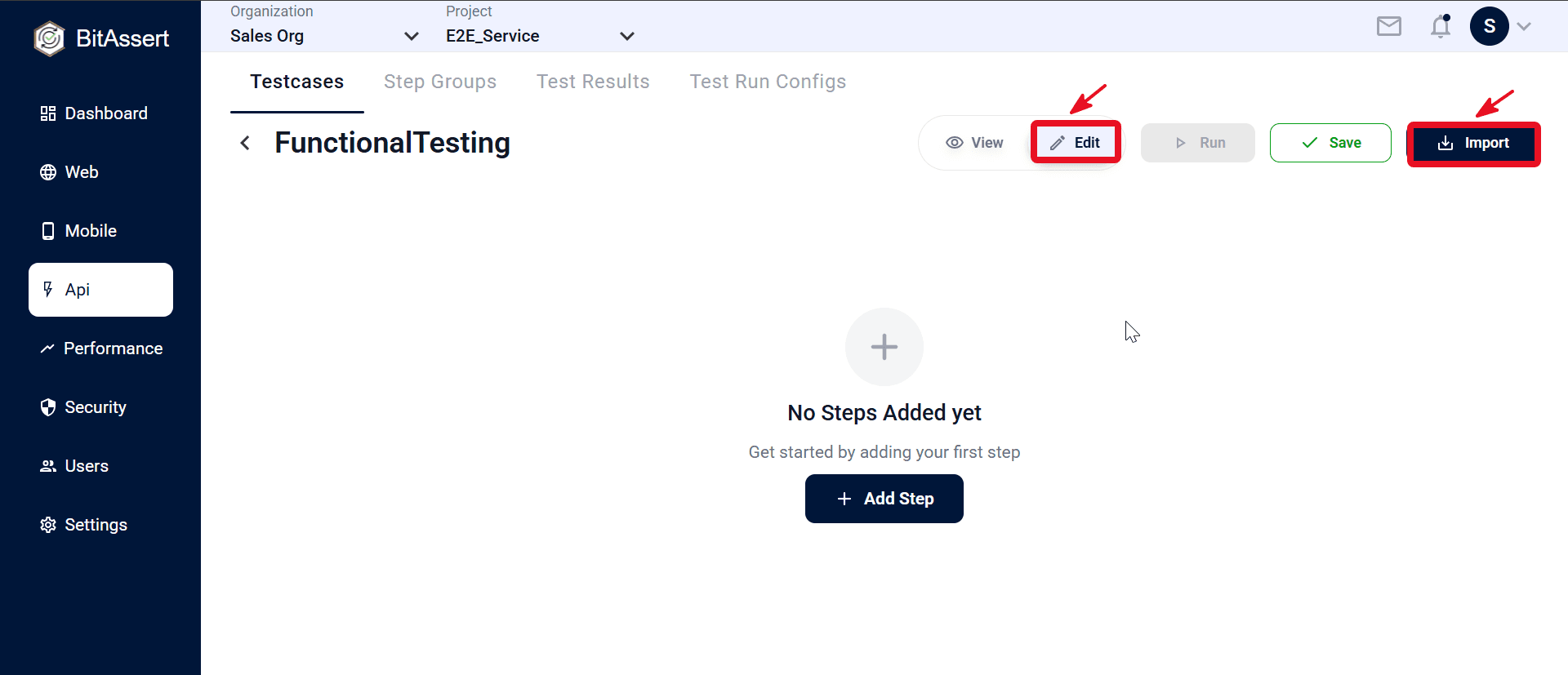 API testcase editor with Import button in the top bar