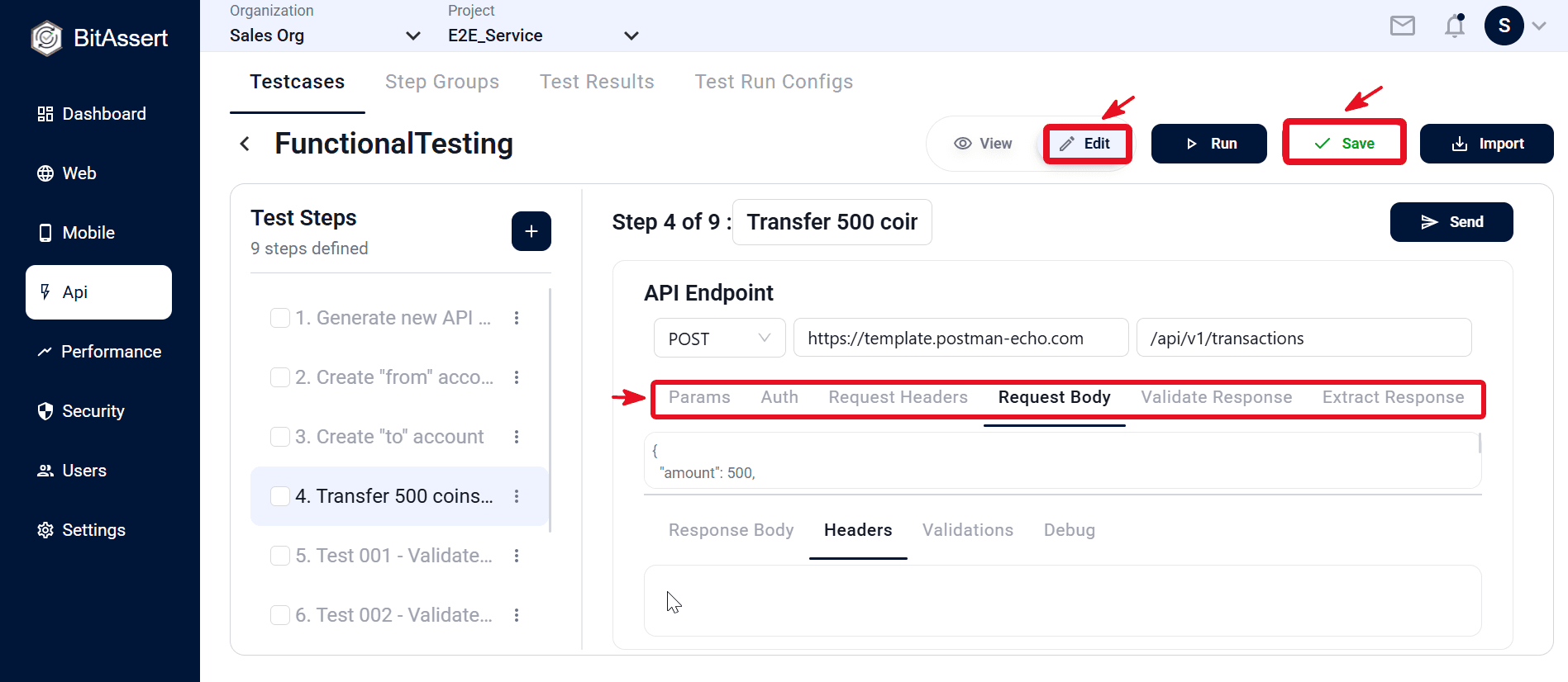 Imported API steps listed in Test Steps panel with request configuration