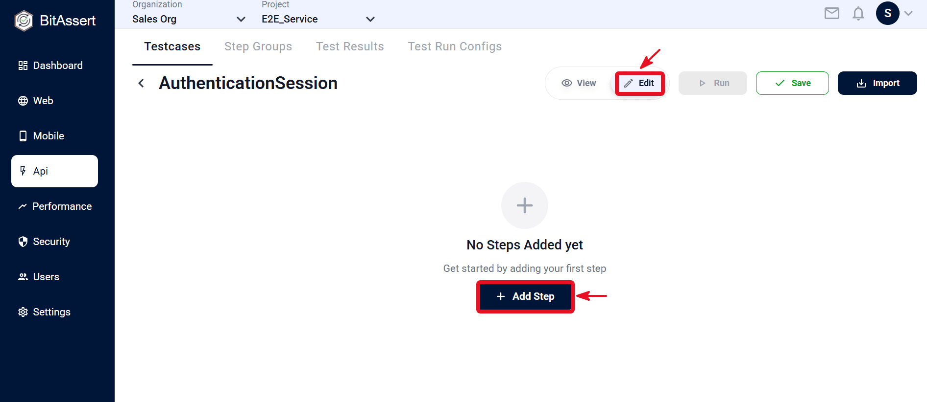 API testcase editor with Test Steps panel and request configuration for AuthenticationSession
