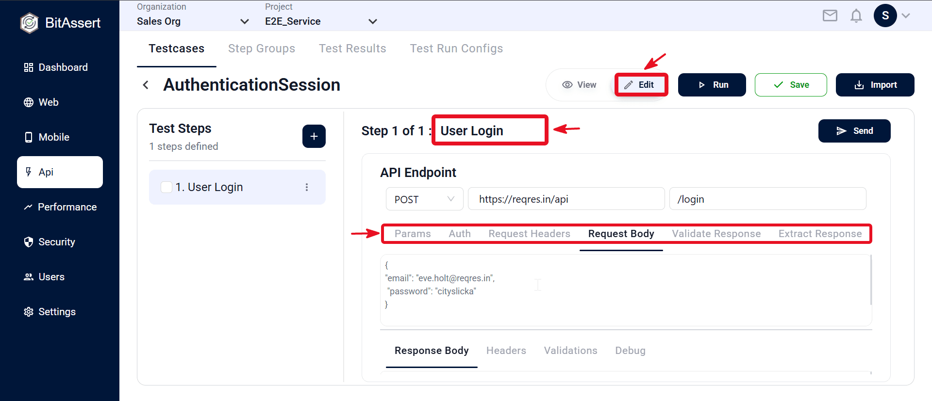 API testcase editor with Test Steps panel and request configuration for AuthenticationSession