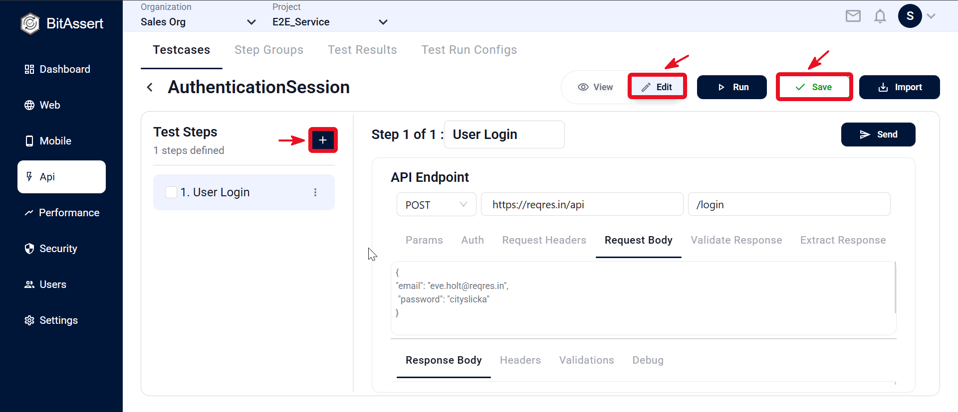 API testcase editor with Test Steps panel and request configuration for AuthenticationSession