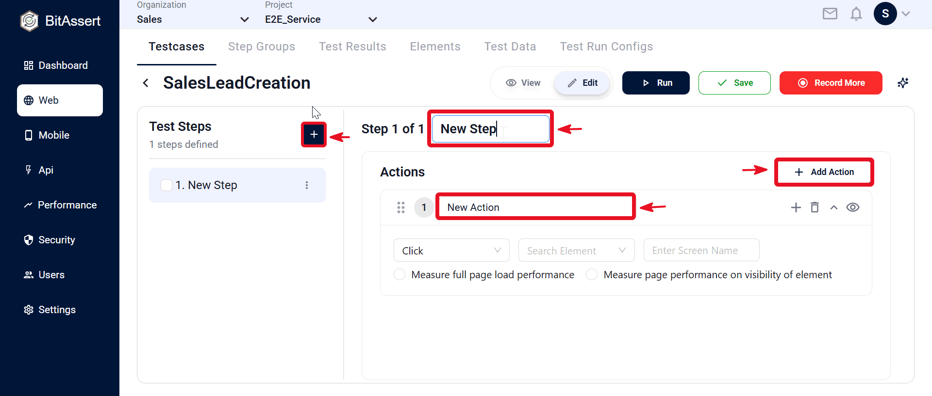 Rename step, add action, and configure action fields in the testcase editor