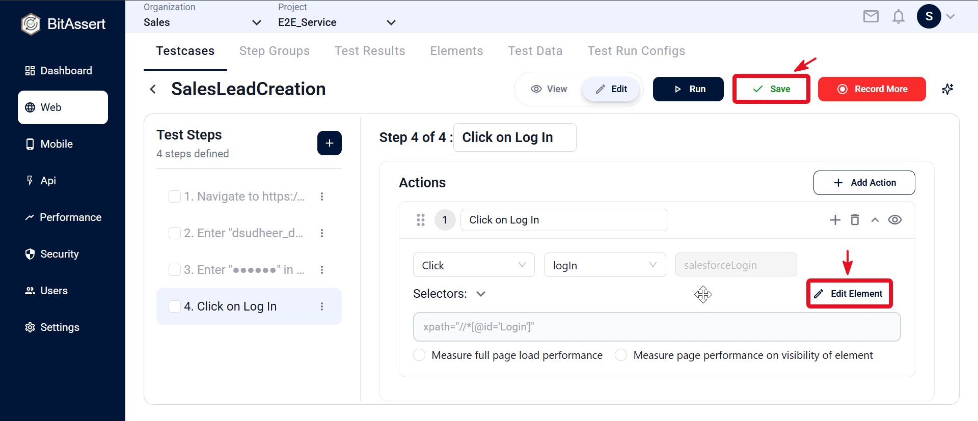 Rename step, add action, and configure action fields in the testcase editor