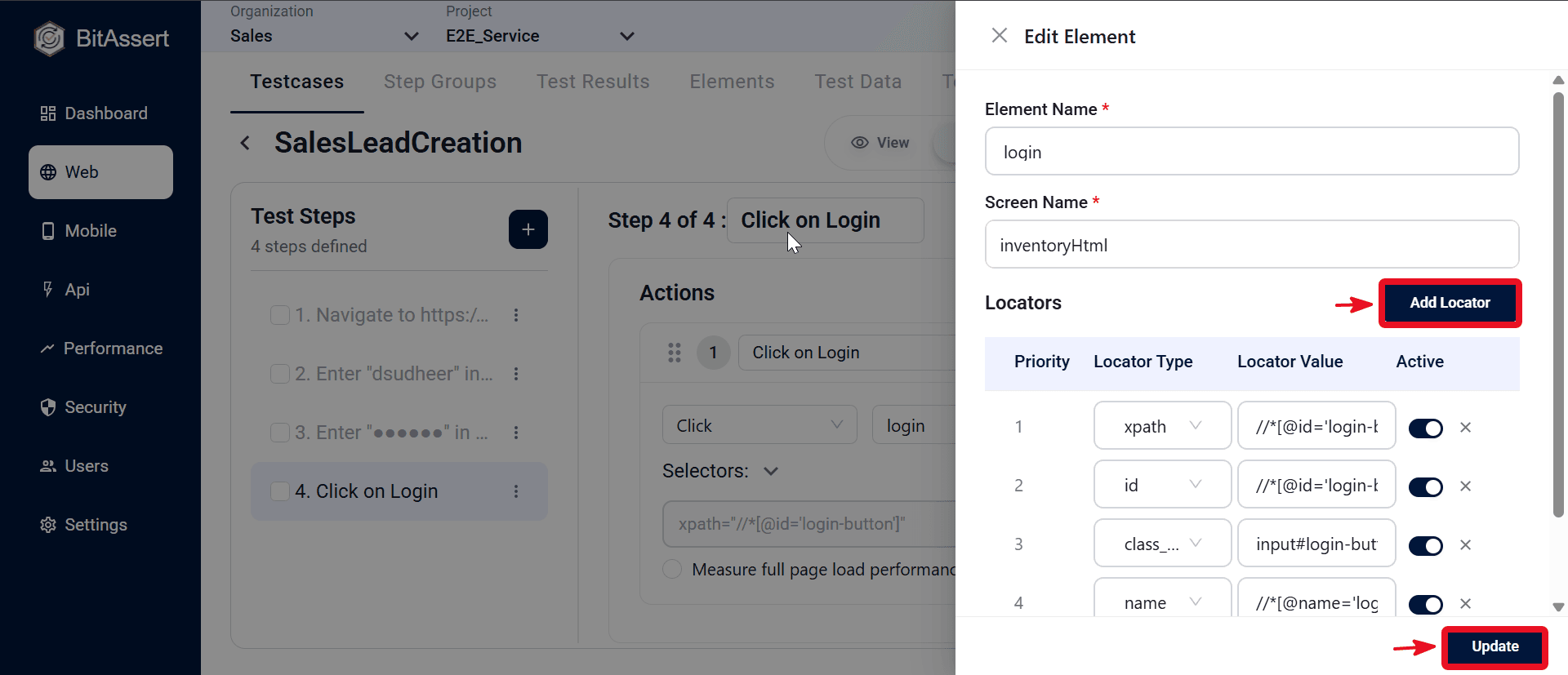 Edit Element modal window sidebar
