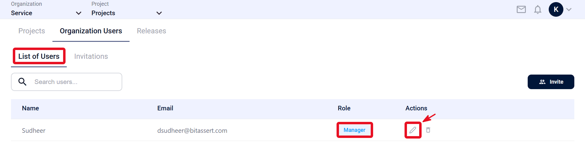 Organization Users List of Users with Role and Edit action
