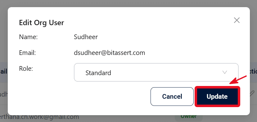 Organization Users List of Users with Role and Edit action