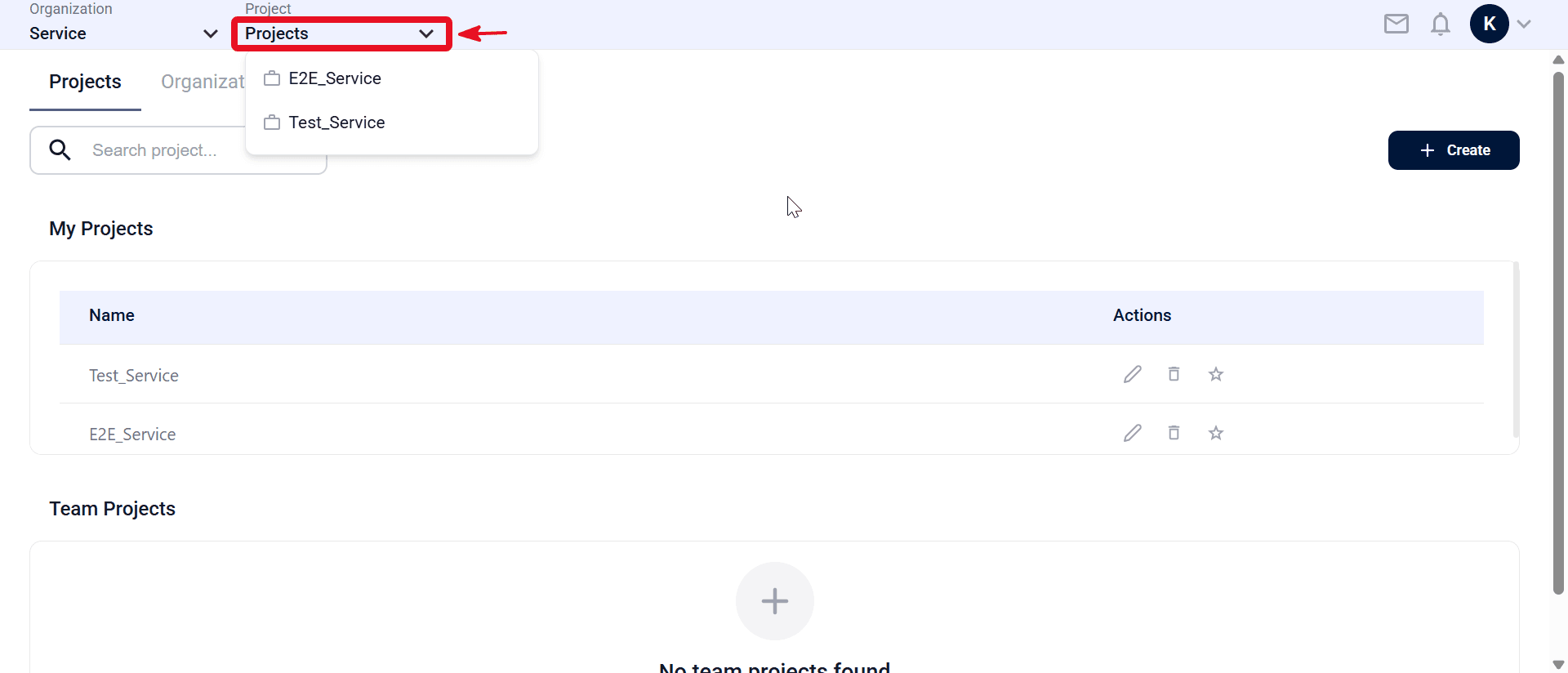 Project dropdown with project list for switching context