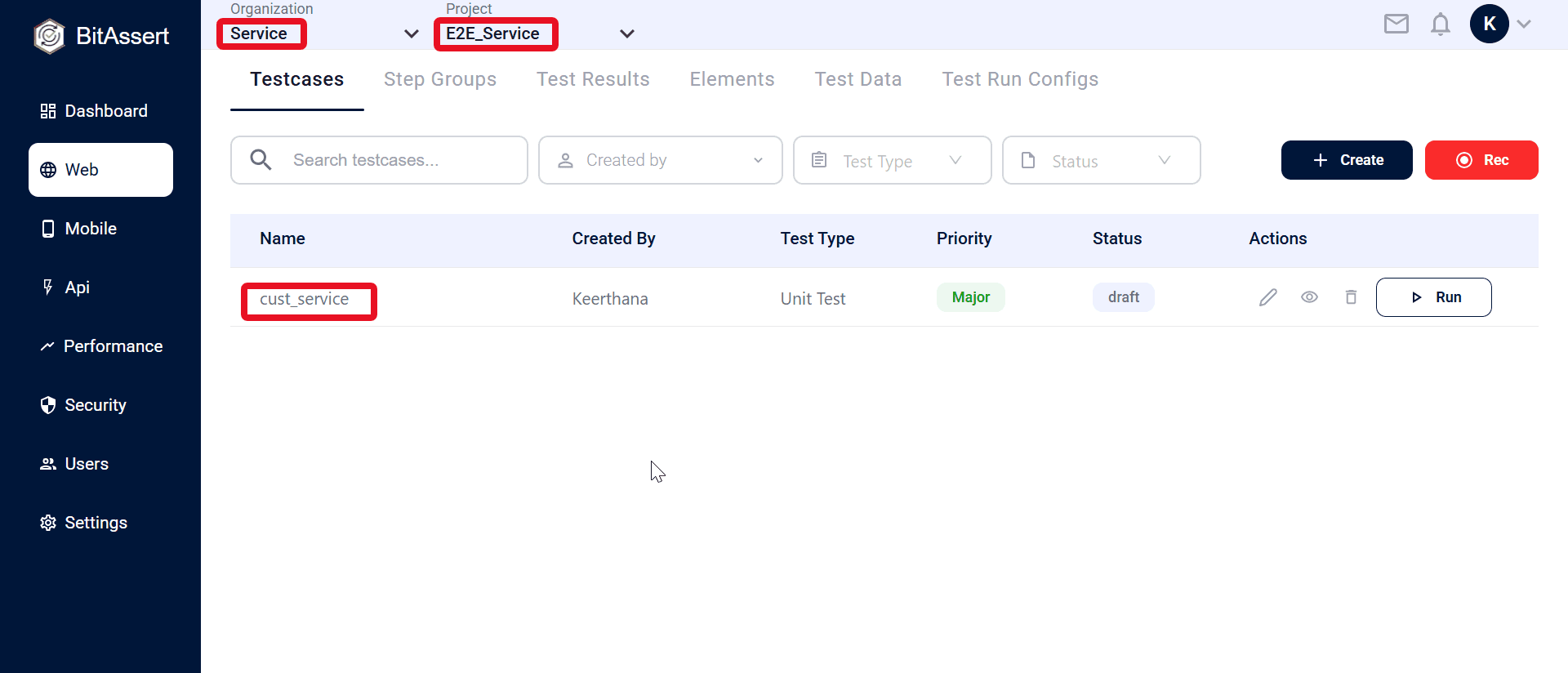 Example Web module view with organization and project context